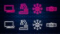 Set line Robotic robot arm hand factory, Social network, Smart Tv and Smartwatch. Glowing neon icon on brick wall