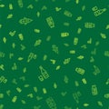 Set line Rocket ship, Bottle of vodka with glass and Pickled cucumbers in jar on seamless pattern. Vector