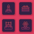 Set line Rocket ship, Car tire hanging on rope, Pool with balls and Ferris wheel. Blue square button. Vector