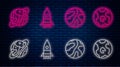 Set line Rocket ship, Falling stars, Space capsule and parachute and Earth globe. Glowing neon icon on brick wall Royalty Free Stock Photo