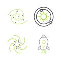 Set line Rocket ship with fire, Black hole, Solar system and icon. Vector Royalty Free Stock Photo