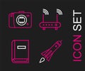 Set line Rocket ship with fire, User manual, Router and wi-fi signal and Mirrorless camera icon. Vector