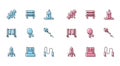 Set line Rocket ship, Gymnastic rings, Hopscotch, Jump rope, Racket and ball, Kite, Double swing and Bench icon. Vector