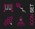 Set line Rocket ship, Hopscotch, Kite and Double swing icon. Vector