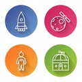 Set line Rocket ship, Satellites orbiting the planet Earth, Astronaut and Astronomical observatory. Color circle button
