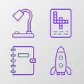 Set line Rocket ship, Spiral notebook, Crossword and Table lamp icon. Vector