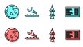 Set line Rocket, Worldwide, Plane landing and Airport board icon. Vector Royalty Free Stock Photo