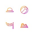 Set line Roller coaster, Festive mask, Clown hat and Beach ball. Gradient color icons. Vector