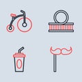 Set line Roller coaster, Paper glass with water, mustache on stick and Vintage bicycle icon. Vector