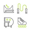 Set line Roller skate, Kid playground slide pipe, Jump rope and Skate park icon. Vector