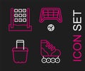 Set line Roller skate, Sand in bucket, Soccer goal with ball and Tic tac toe game icon. Vector Royalty Free Stock Photo