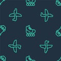 Set line Roller skate, Toy plane and Skateboard on seamless pattern. Vector