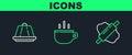 Set line Rolling pin on dough, Pudding custard and Coffee cup icon. Vector Royalty Free Stock Photo