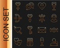 Set line Romantic man, Candy, Location with heart, Heart, Female gender symbol, Bow arrow, and Amour icon. Vector