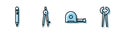Set line Roulette construction, Pencil with eraser, Drawing compass and Pincers and pliers icon. Vector Royalty Free Stock Photo