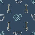 Set line Roulette construction, Shovel and Hammer and wrench spanner on seamless pattern. Vector Royalty Free Stock Photo
