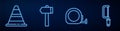 Set line Roulette construction, Traffic cone, Hammer and Hacksaw. Glowing neon icon on brick wall. Vector Royalty Free Stock Photo