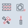 Set line Roulette construction, Window in room, Screwdriver and Bricks icon. Vector