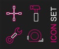 Set line Roulette construction, Wrench spanner, Hammer and Wheel wrench icon. Vector