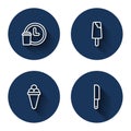 Set line Round the clock delivery, Ice cream, in waffle and Knife with long shadow. Blue circle button. Vector