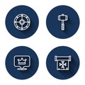 Set line Round shield, Battle hammer, King crown and Crusade with long shadow. Blue circle button. Vector Royalty Free Stock Photo