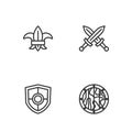 Set line Round wooden shield, Shield, Fleur lys or lily flower and Crossed medieval sword icon. Vector Royalty Free Stock Photo