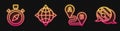 Set line Route location, Compass, World globe with compass and Infographic of city map navigation. Glowing neon icon