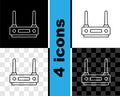 Set line Router and wi-fi signal icon isolated on black and white, transparent background. Wireless ethernet modem