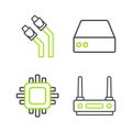 Set line Router and wi-fi signal, Processor with CPU, Server, Data, Web Hosting and LAN cable network internet icon Royalty Free Stock Photo
