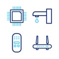 Set line Router and wi-fi signal, Remote control, Water tap and Processor with microcircuits CPU icon. Vector