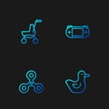 Set line Rubber duck, Fidget spinner, Baby stroller and Portable video game console. Gradient color icons. Vector