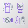 Set line Rubber gloves, Industry pipe and valve, Pressure water meter and Heated towel rail icon. Vector Royalty Free Stock Photo