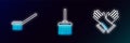 Set line Rubber gloves, Toilet brush and Handle broom icon. Glowing neon. Vector Royalty Free Stock Photo