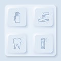 Set line Rubber gloves, Washing hands with soap, Tooth and Bottle nozzle spray. White square button. Vector