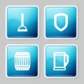 Set line Rubber plunger, Shield, Wooden barrel and Glass of beer icon. Vector