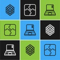 Set line Rubik cube, Laptop and Piece of puzzle icon. Vector Royalty Free Stock Photo