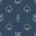 Set line Ruined house, Cloud with rain and Donation money on seamless pattern. Vector