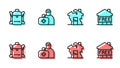 Set line Ruined house, Hiking backpack, First aid kit and Shelter for homeless icon. Vector