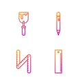 Set line Ruler, Folding ruler, Putty knife and Pencil with eraser. Gradient color icons. Vector