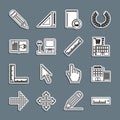 Set line Ruler, Hotel building, Mall or supermarket, Audio book, Bus stop, Pencil and icon. Vector Royalty Free Stock Photo