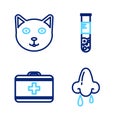 Set line Runny nose, First aid kit, Test tube and flask and Pet icon. Vector