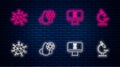 Set line Runny nose and virus, DNA spiral computer, Virus and Microscope. Glowing neon icon on brick wall. Vector Royalty Free Stock Photo