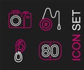 Set line 80s Retro, Ear with earring, Yoyo toy and Photo camera icon. Vector Royalty Free Stock Photo