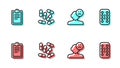 Set line Sad and depressed man, bad mood, Psychological test, Medicine pill or tablet and Sedative pills icon. Vector