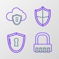 Set line Safe combination lock, Shield with keyhole, and Cloud and shield icon. Vector