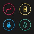 Set line Safe combination lock wheel, Lock, Mobile and eye scan and Bezier curve icon. Vector