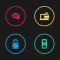 Set line Safe combination lock wheel, Mobile and eye scan, Laptop with password and Invisible hide icon. Vector Royalty Free Stock Photo