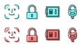 Set line Safe, Face recognition, Lock and Lock and key icon. Vector