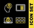 Set line Safe, Firewall, security wall, Laptop with exclamation mark and Human head lock icon. Vector Royalty Free Stock Photo