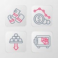 Set line Safe, Gold bars, Dollar rate decrease and Credit card icon. Vector